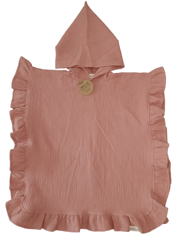 Pink hooded poncho with ruffled edges on a gray background