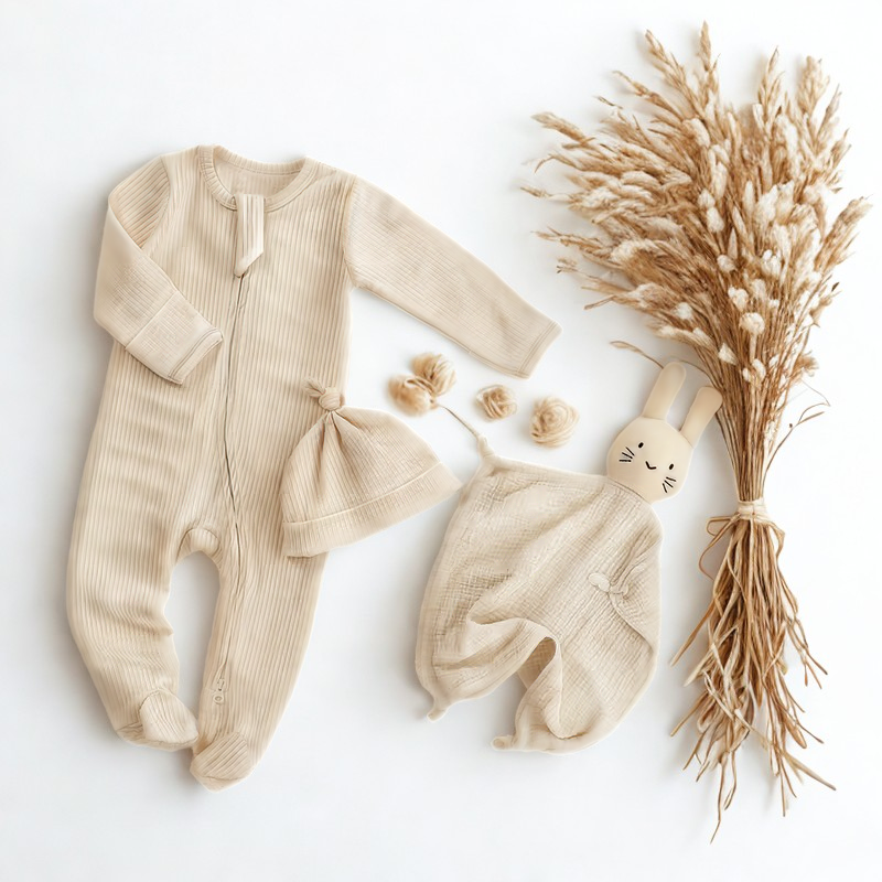 SOALSA neutral beige baby gift set with romper, hat, bunny plush toy, and dried flowers darilo ob rojstvu