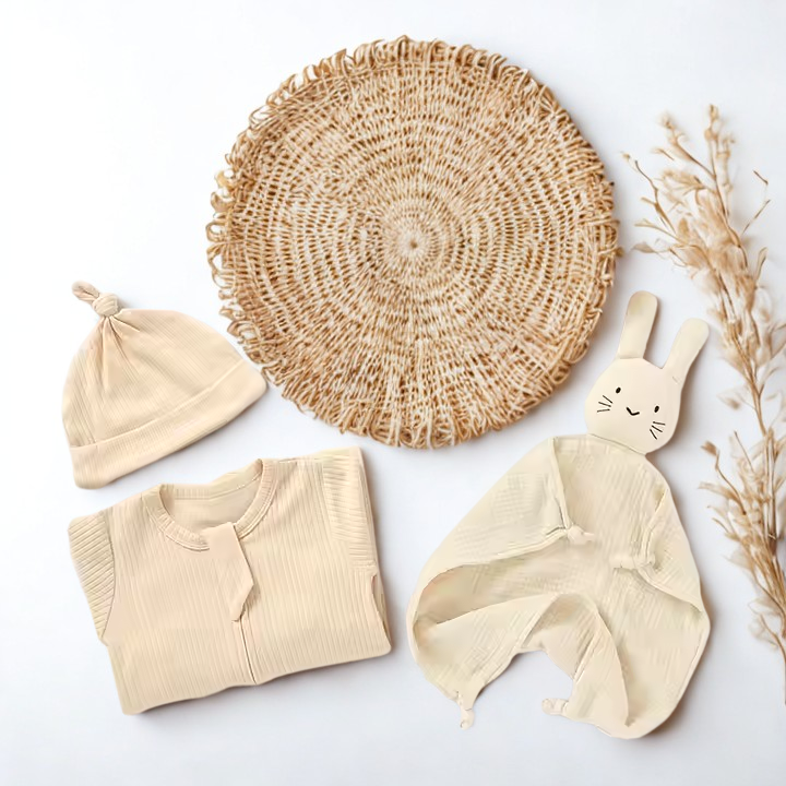 SOALSA baby gift set with beige knit hat, ribbed onesie, and bunny comforter darilo ob rojstvu