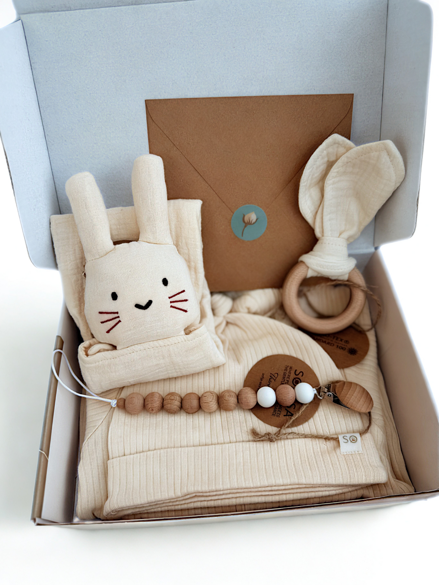 SOALSA gift set with bunny plush, wooden teether, and soft baby hat darilo ob rojstvu