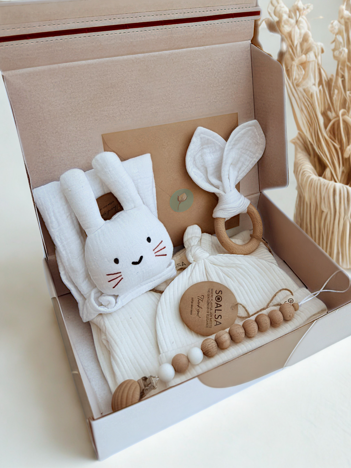 SOALSA gift set with white baby bunny plush, wooden teether, and darilo ob rojstvu newborn essentials