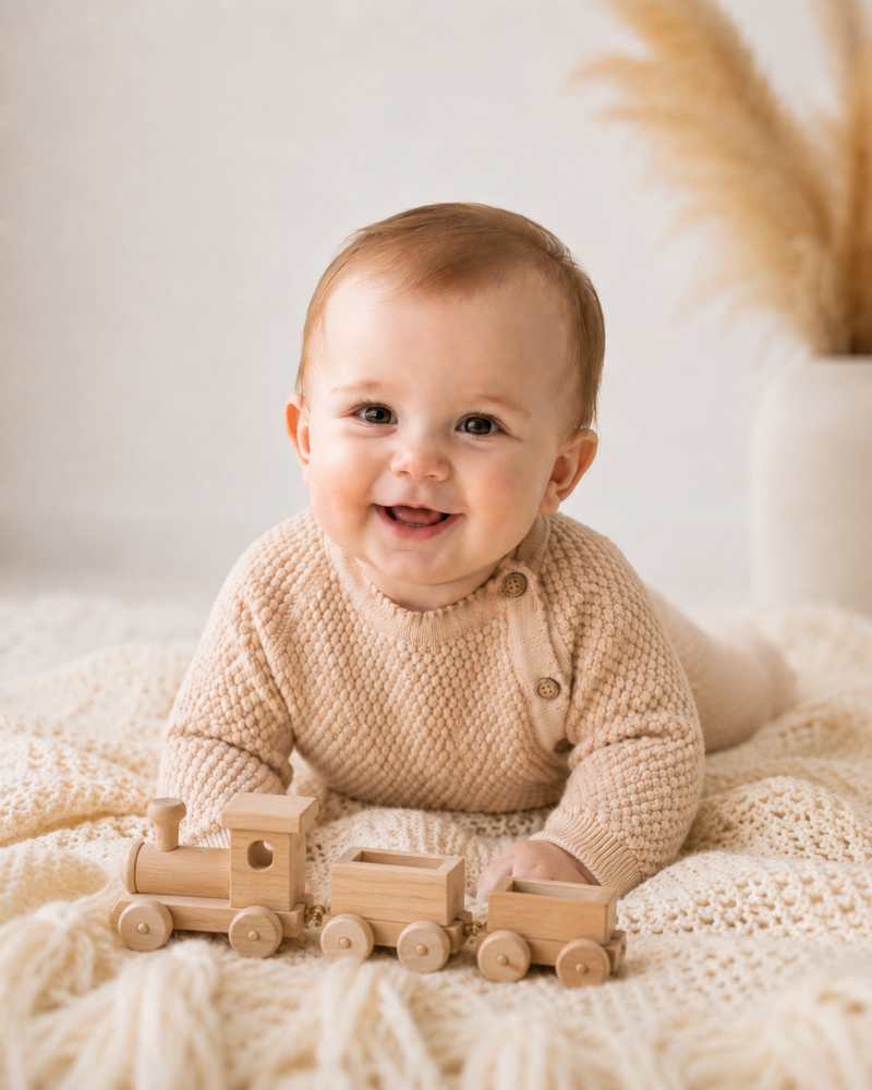 Baby playing with a wooden toy train on a soft surface