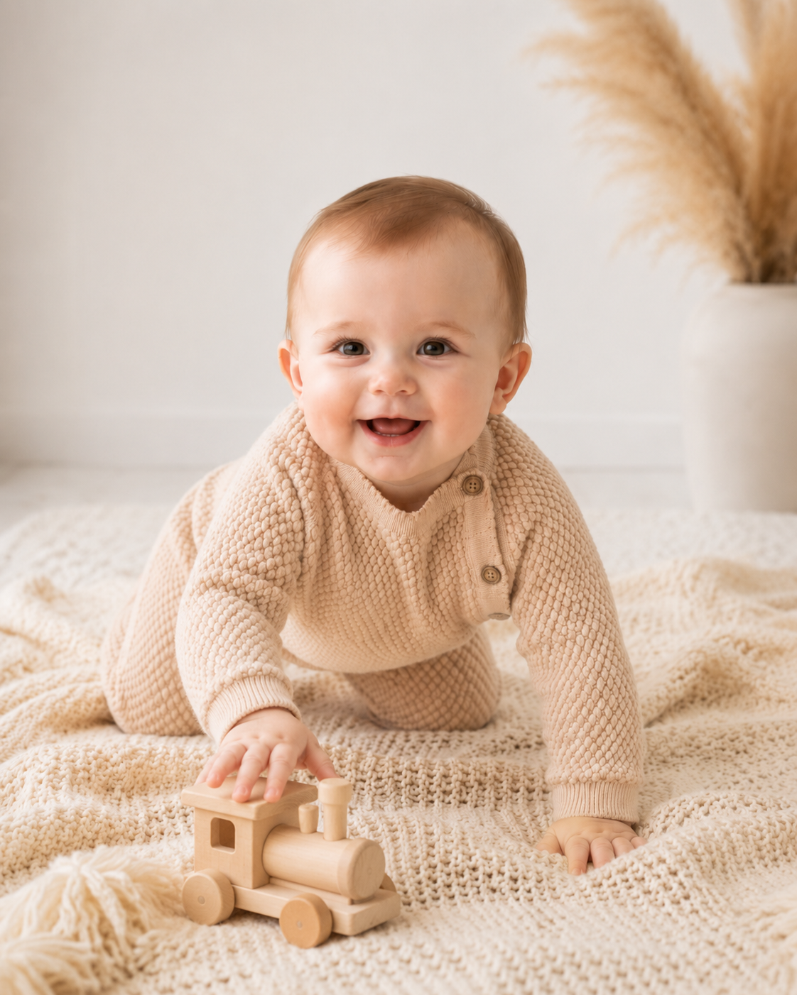 Baby in a beige knitted sweater playing with a wooden toy on a soft surface.