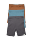 Three pairs of shorts in brown, blue, and gray on a white background