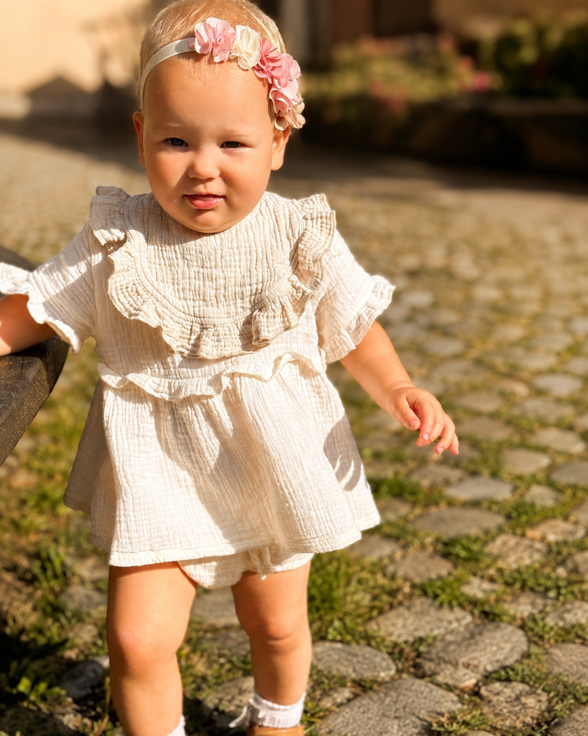 Beige Organic Cotton Muslin Ruffle Bib