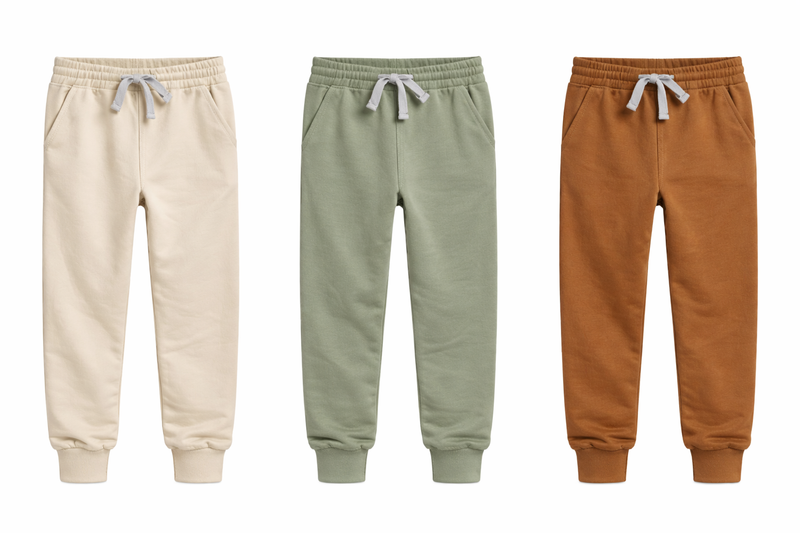 Three pairs of jogger pants in beige, green, and brown on a white background