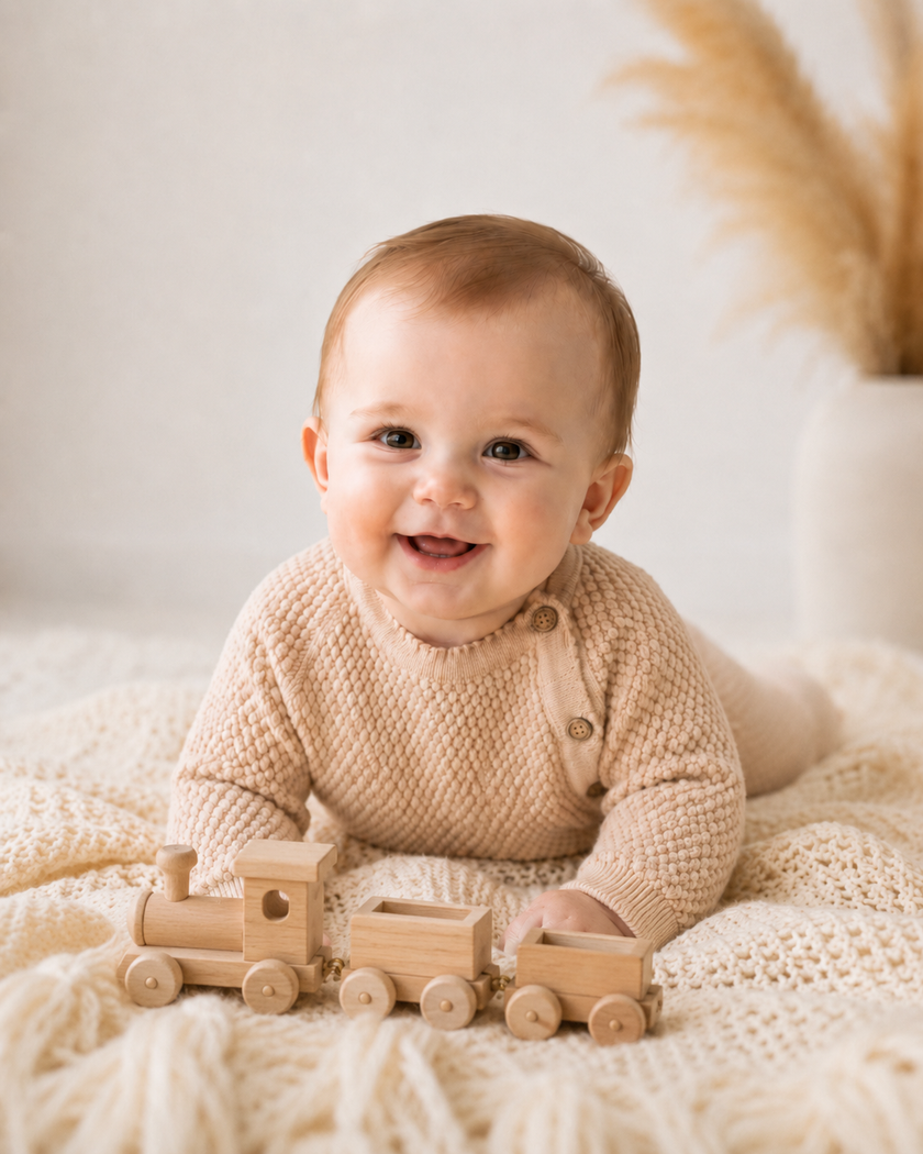 Baby playing with a wooden toy train on a soft surface