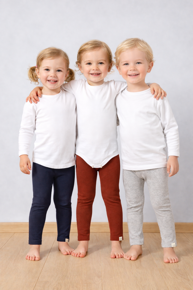 Three children wearing matching outfits with different colored pants standing against a plain background.