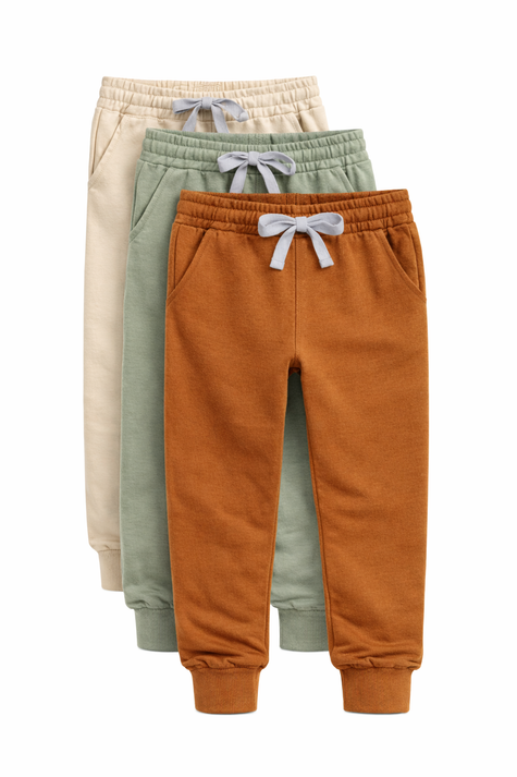 Three pairs of children's jogger pants in beige, green, and orange on a white background.