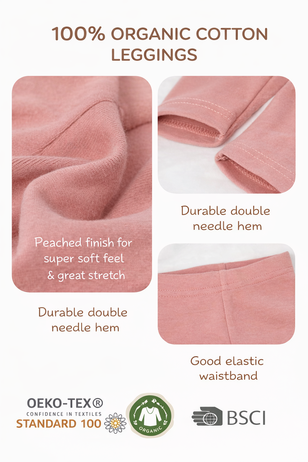 Pink organic cotton leggings with text describing features and certifications.
