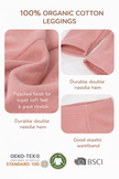 Pink organic cotton leggings with text describing features and certifications.