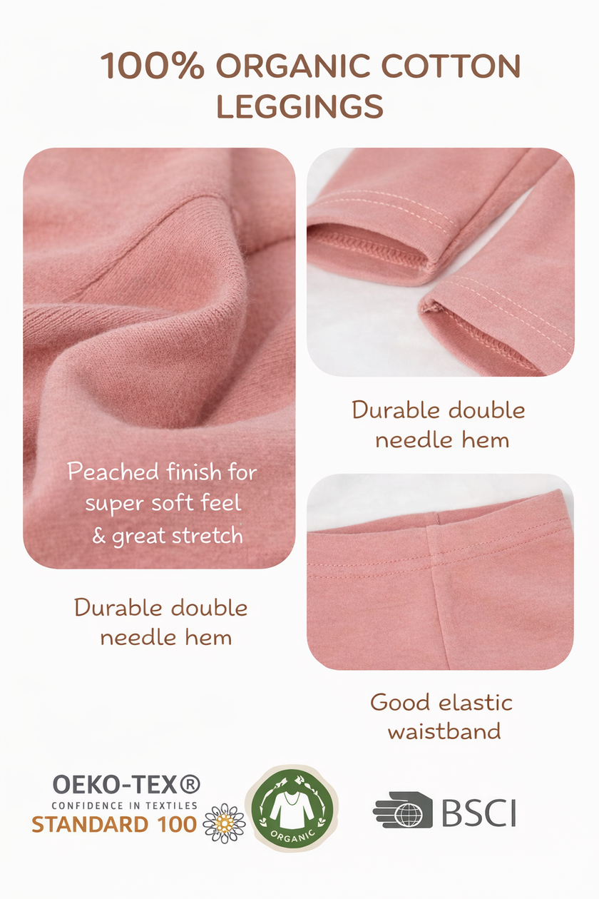 Pink organic cotton leggings with text describing features and certifications.