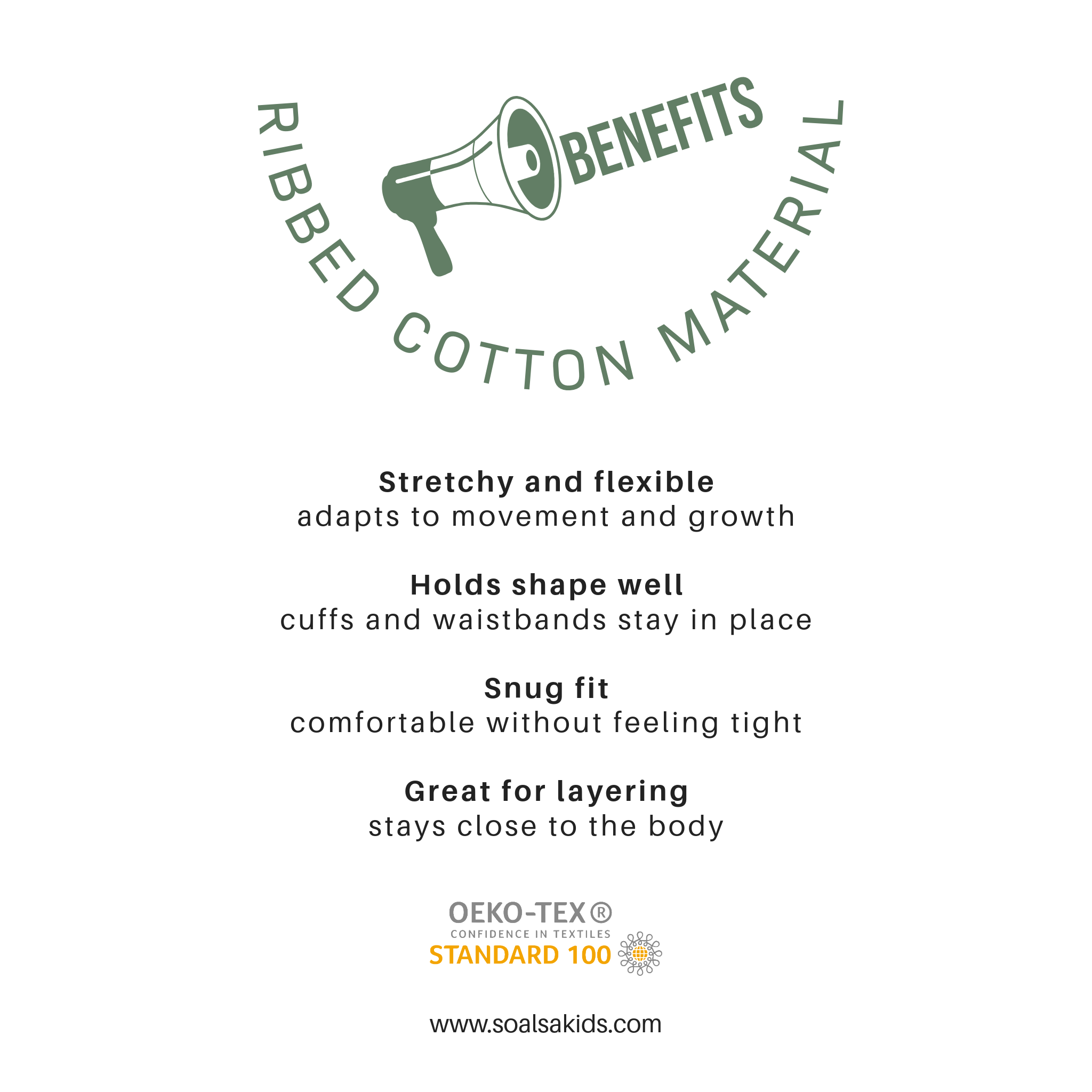 Text detailing the benefits of ribbed cotton material with a megaphone icon on a white background.