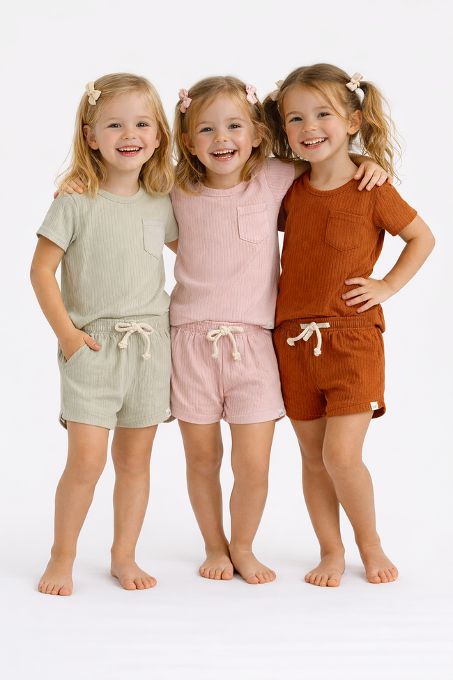 Three young girls wearing matching outfits on a white background