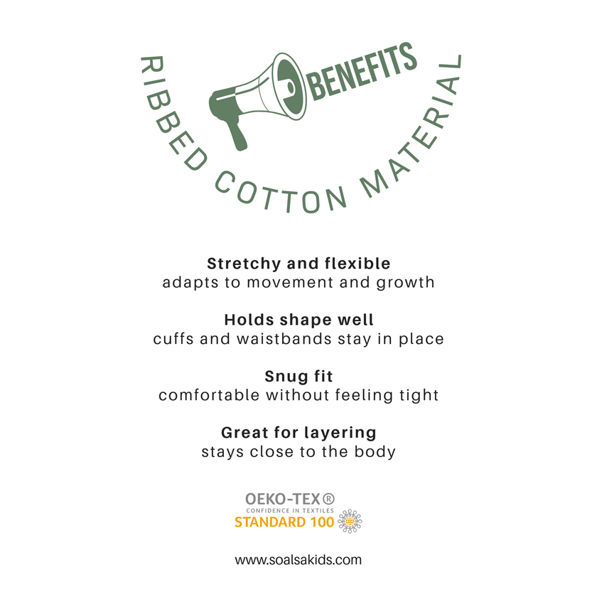 Text detailing the benefits of ribbed cotton material with a megaphone icon on a white background.