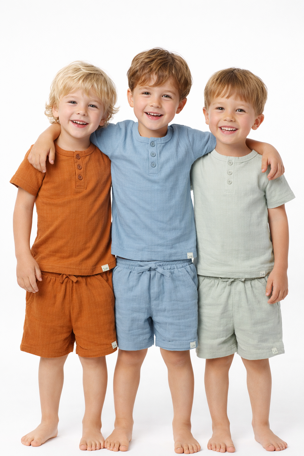 Three children wearing matching outfits with different colored shirts on a white background