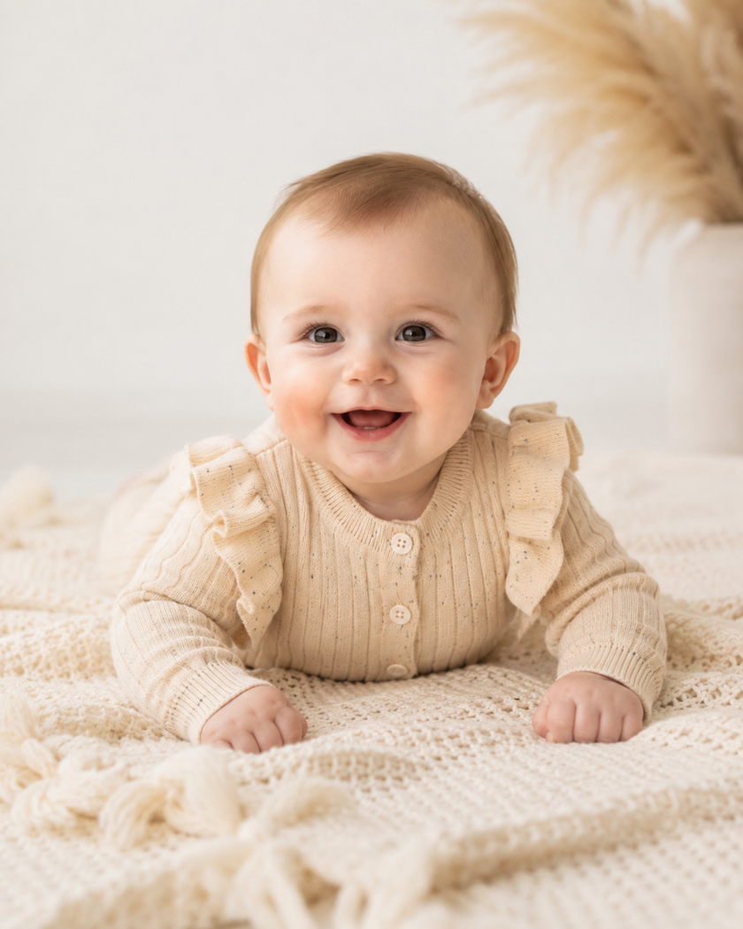 Baby wearing a beige ribbed sweater with ruffled details, lying on a soft white blanket.