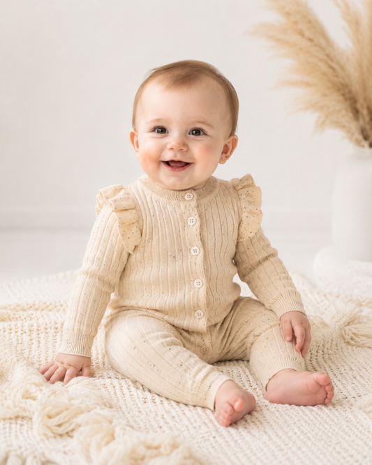 Baby wearing a beige ribbed outfit with ruffled sleeves on a soft white background