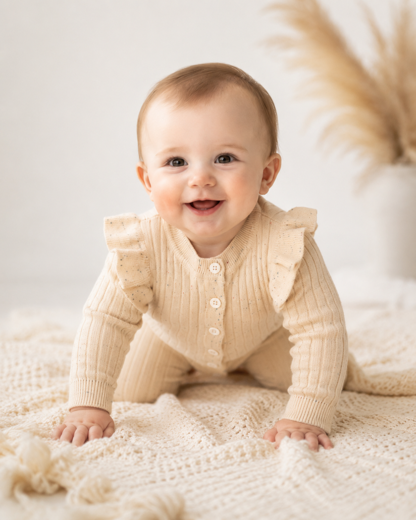 Baby in a beige ribbed outfit sitting on a soft surface with a neutral background