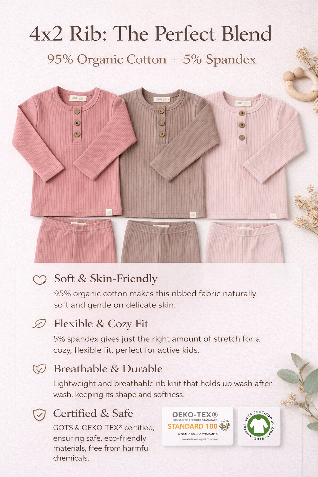 Three children's ribbed shirts in pink, gray, and white with text about fabric properties and certifications.