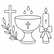 Black and white illustration of a chalice, cross, candle, and olive branch on a white background