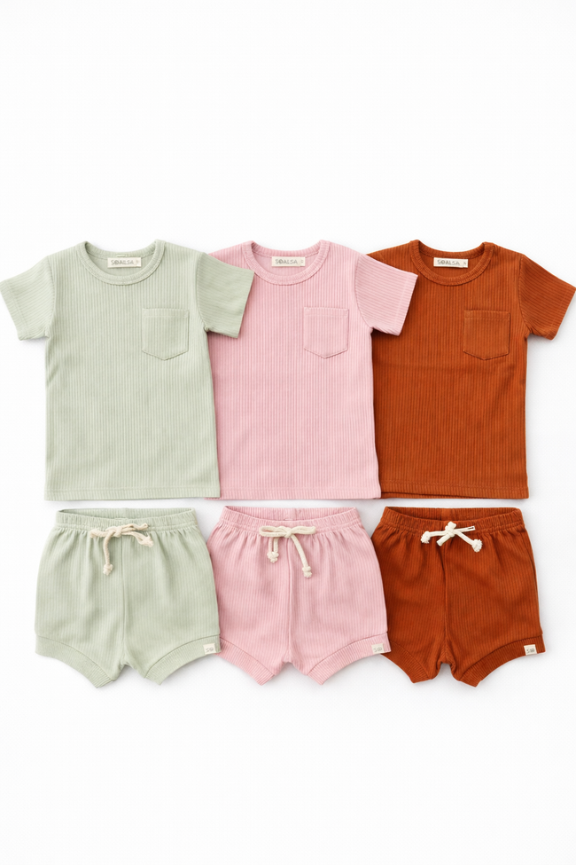 Set of three children's shirts and shorts in green, pink, and brown on a white background
