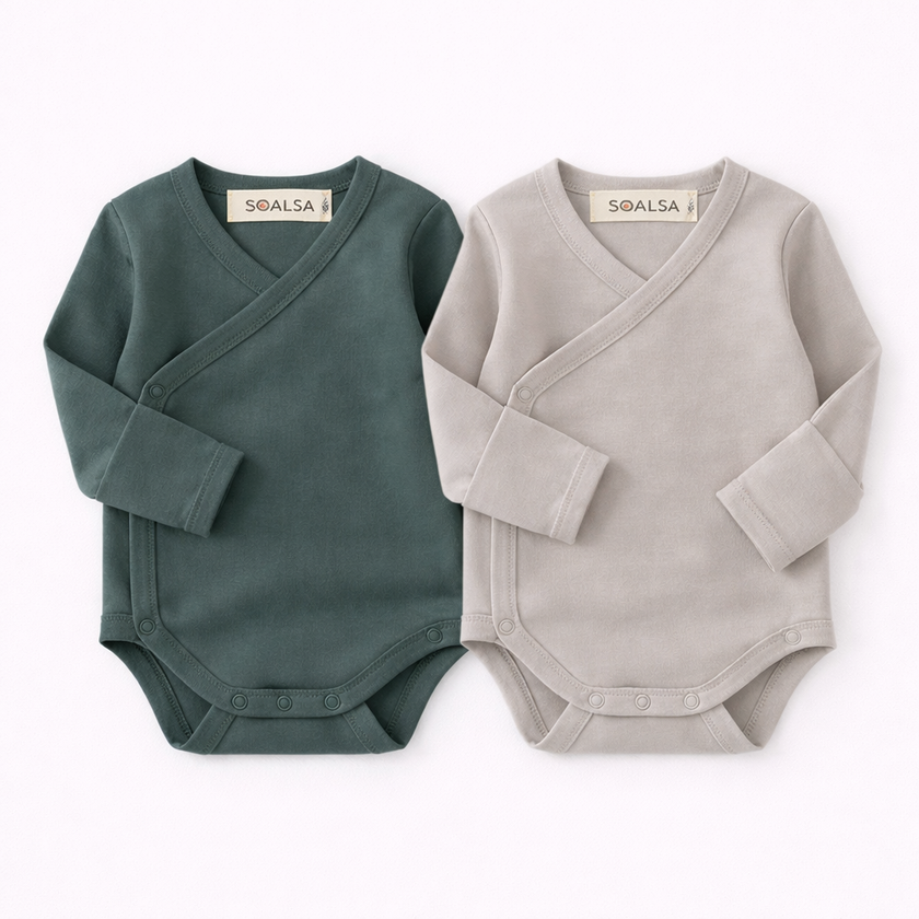 Two baby rompers, one green and one gray, with 'SOALSA' branding on a white background.