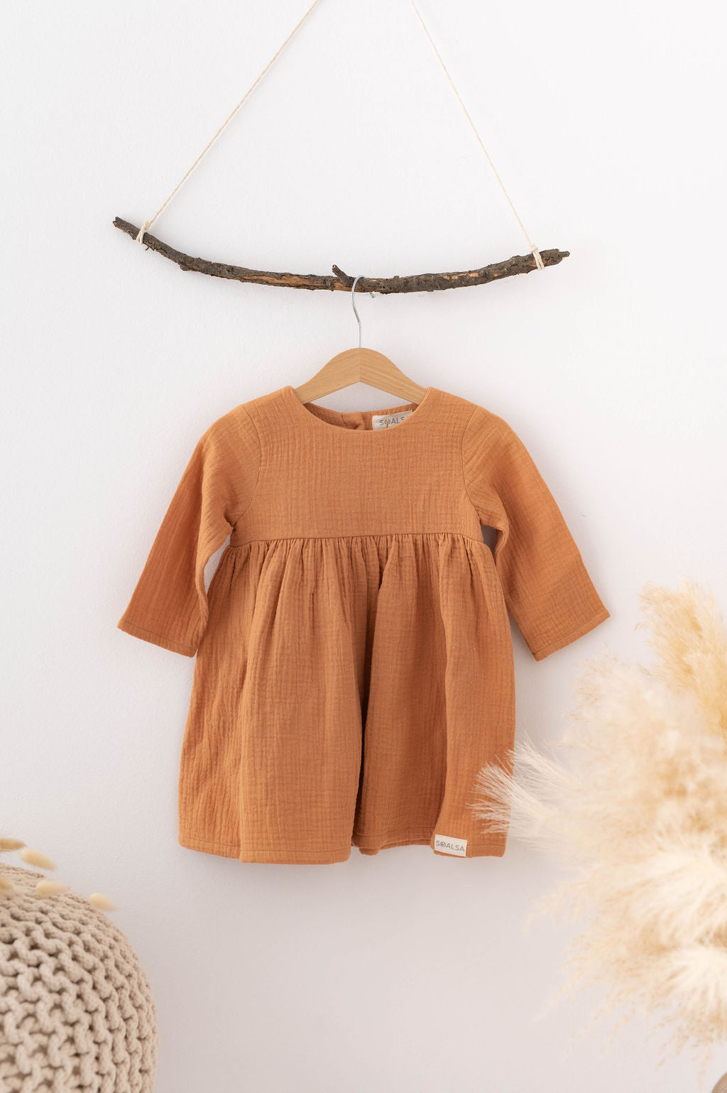 SOALSA Božična obleka za deklice in rust-colored long sleeve baby dress
