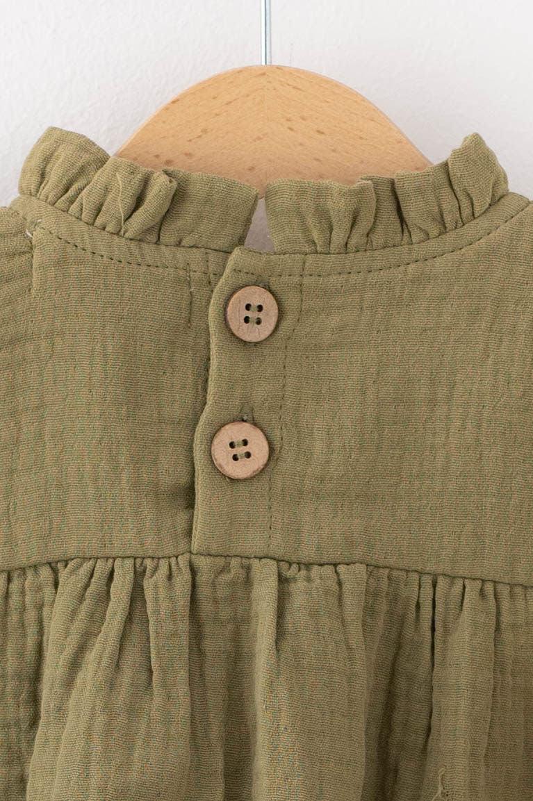 SOALSA olive muslin dress with ruffled collar and wooden buttons Božične obleke za otroke