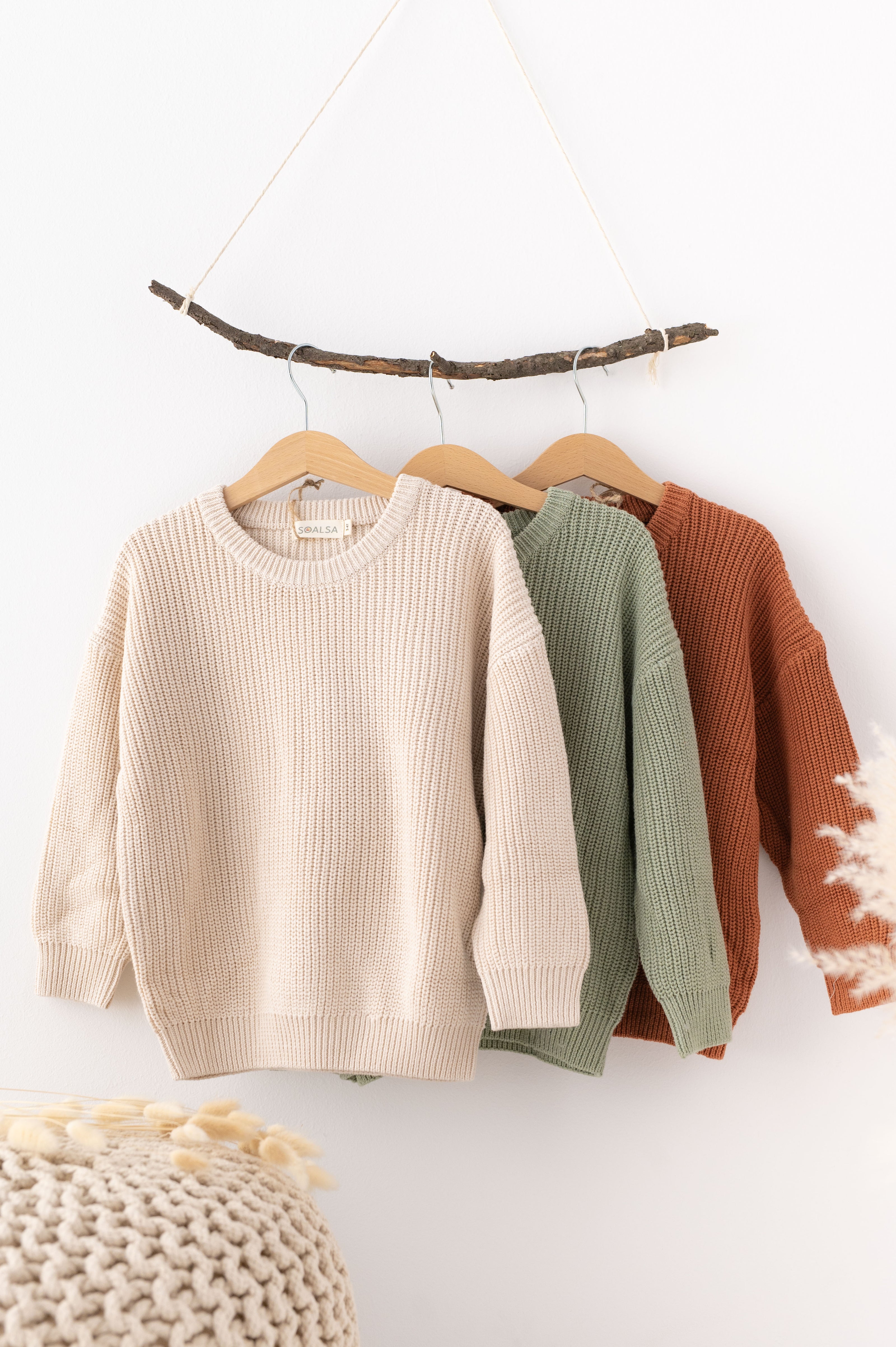 SOALSA soft knit sweaters in beige green and rust for božični puloverji za otroke