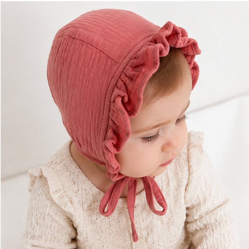 Vintage Pink Baby Muslin Bonnet
