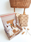 SOALSA gift set with baby bunny toy, wooden teether, and soft fabrics perfect as darilo za novorojenčka