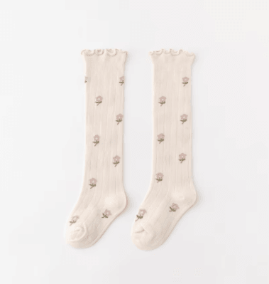 Embroidered Knee-High Socks with Frilled Top - SOALSA