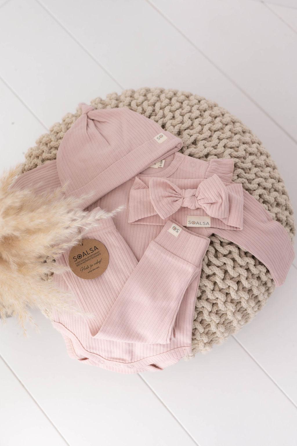 SOALSA roza bombažni komplet za dojenčka z bodijem z dolgimi rokavi, hlačkami in trakom za glavo – komplet za novorojenčka.