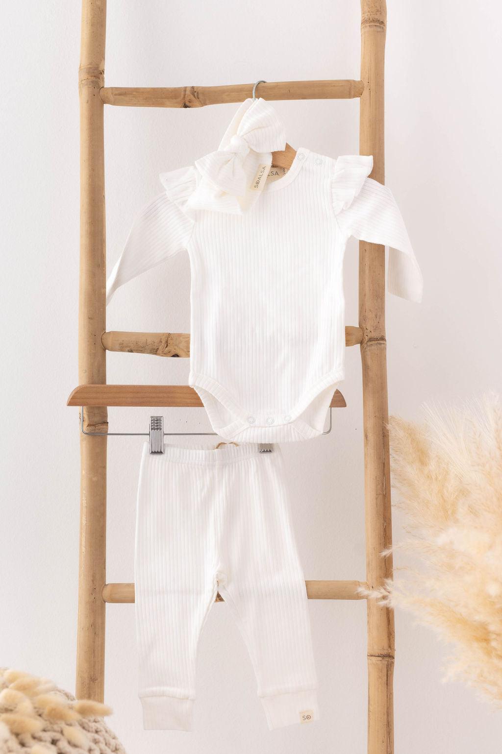 SOALSA beli bombažni otroški komplet z bodijem z dolgimi rokavi, hlačkami in trakom za glavo – komplet za novorojenčka.