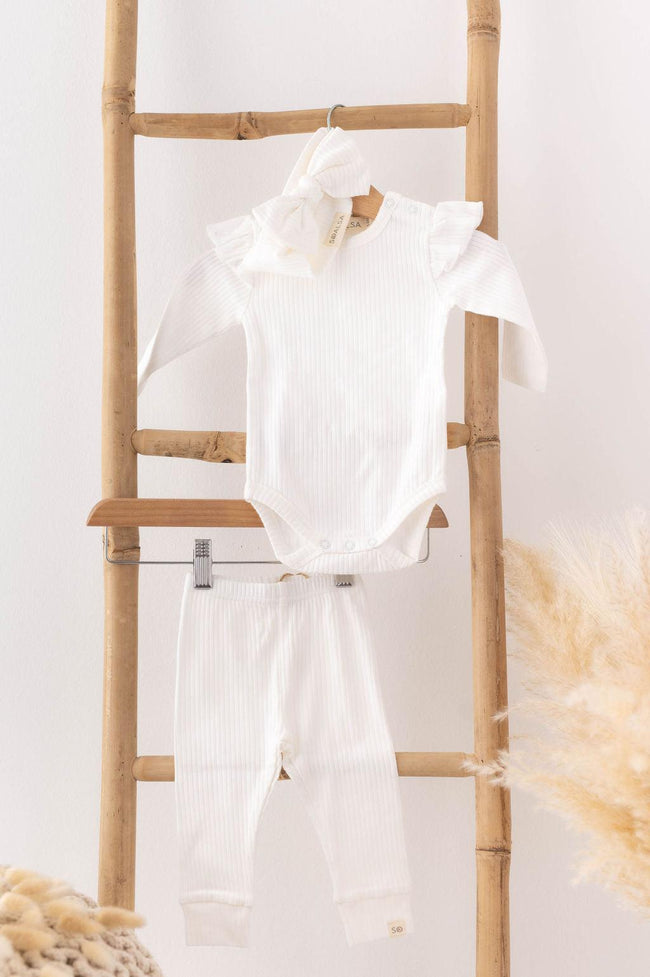 SOALSA beli bombažni otroški komplet z bodijem z dolgimi rokavi, hlačkami in trakom za glavo – komplet za novorojenčka.