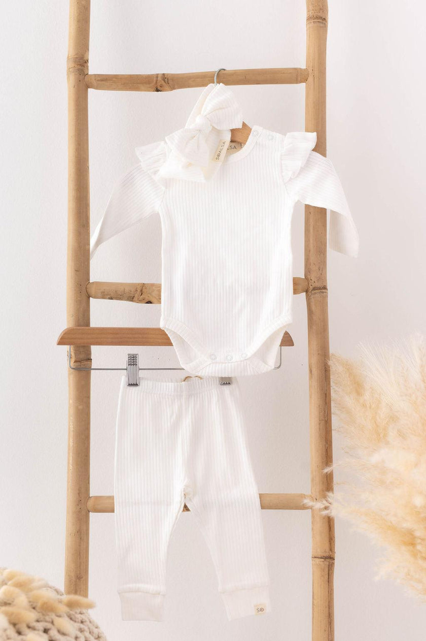 SOALSA beli bombažni otroški komplet z bodijem z dolgimi rokavi, hlačkami in trakom za glavo – komplet za novorojenčka.