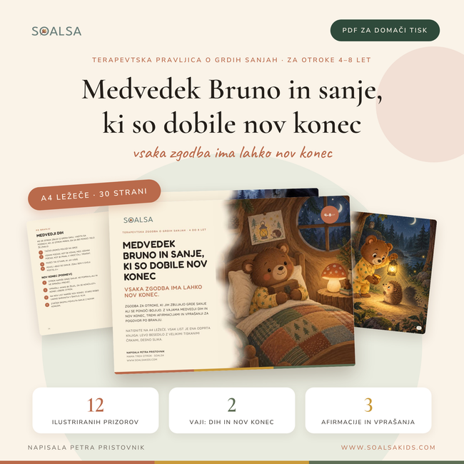 Knjižica Medvedek Bruno in sanje, ki so dobile nov konec, terapevtska pravljica o grdih sanjah, PDF za domači tisk