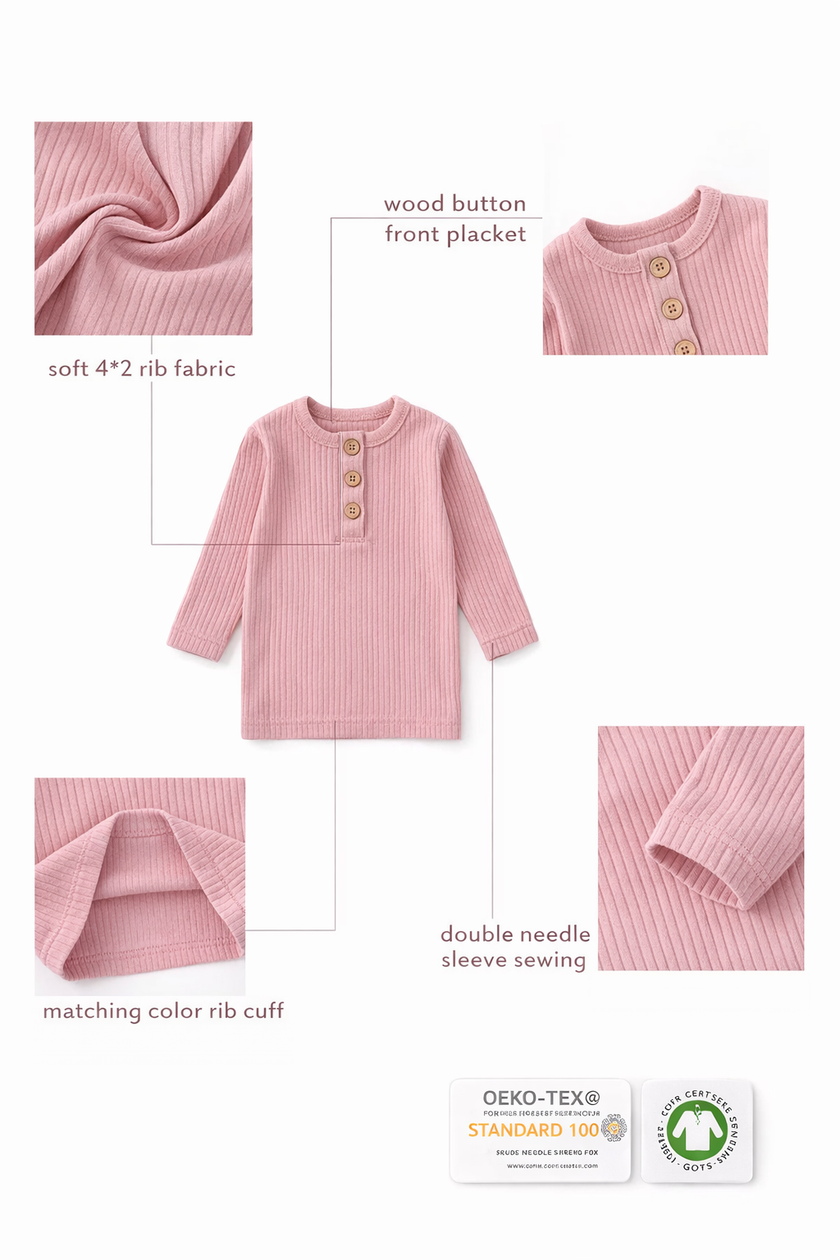 Pink ribbed baby dress with button details and fabric texture close-ups on a white background.