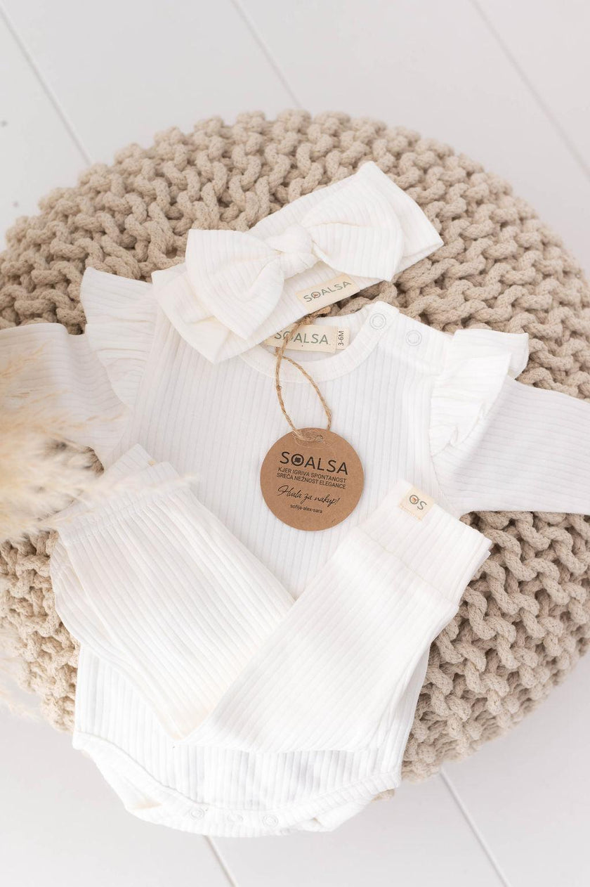 SOALSA beli bombažni komplet za dojenčka z bodijem z dolgimi rokavi, hlačkami in trakom za glavo – komplet za novorojenčka.