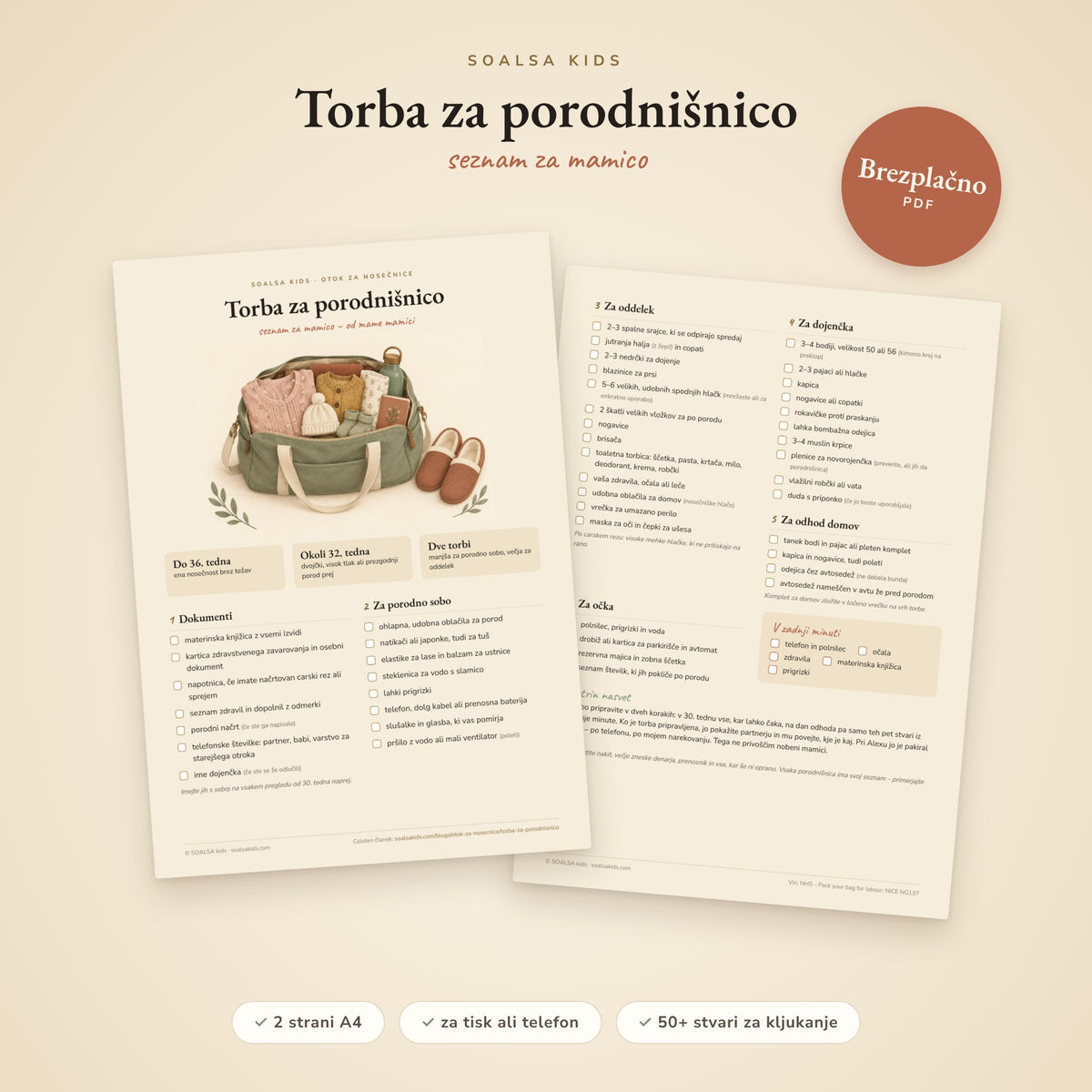 Seznam za porodišnico PDF - kaj spakirati v torbo